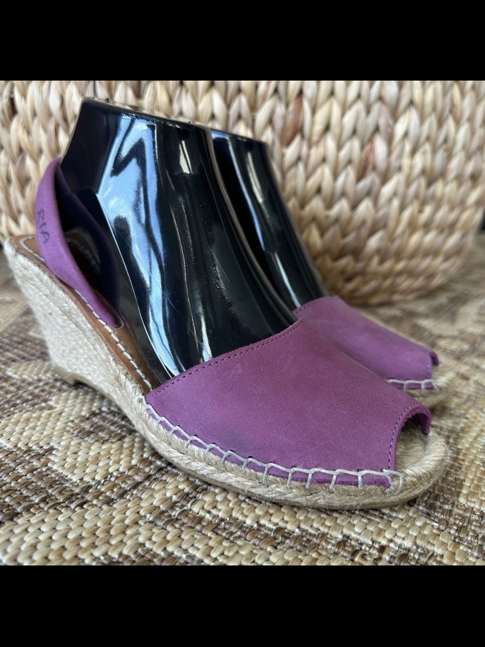 RIA MENORCA Espadrille Wedge Jute Sandals Purple Leather Slingback Sz 38 US 7.5